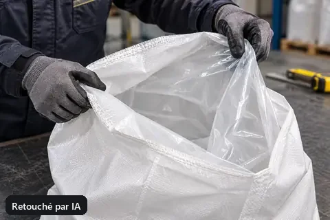 Des mains montrent le liner intérieur transparent et le tissu PP blanc (image retouchée par IA)