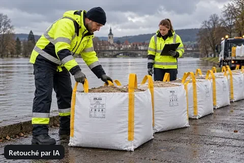 Des secouristes préparent des big bags compacts remplis comme barrière de protection (image retouchée par IA)