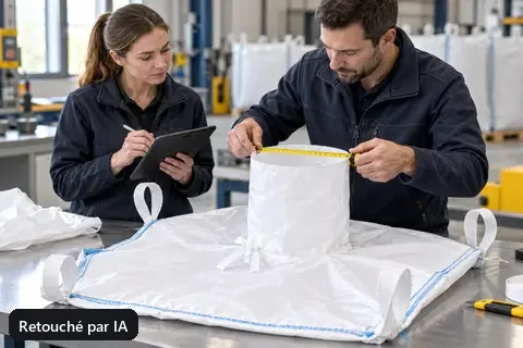 Technicien mesurant une goulotte de remplissage sur un big bag échantillon vide (image retouchée par IA)