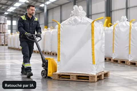 Un transpalette déplace un big bag dans un entrepôt sec (image retouchée par IA)
