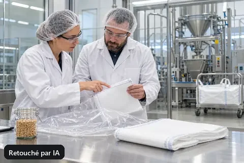 Des spécialistes planifient un emballage sur mesure pour une ligne de remplissage hygiénique (image retouchée par IA)