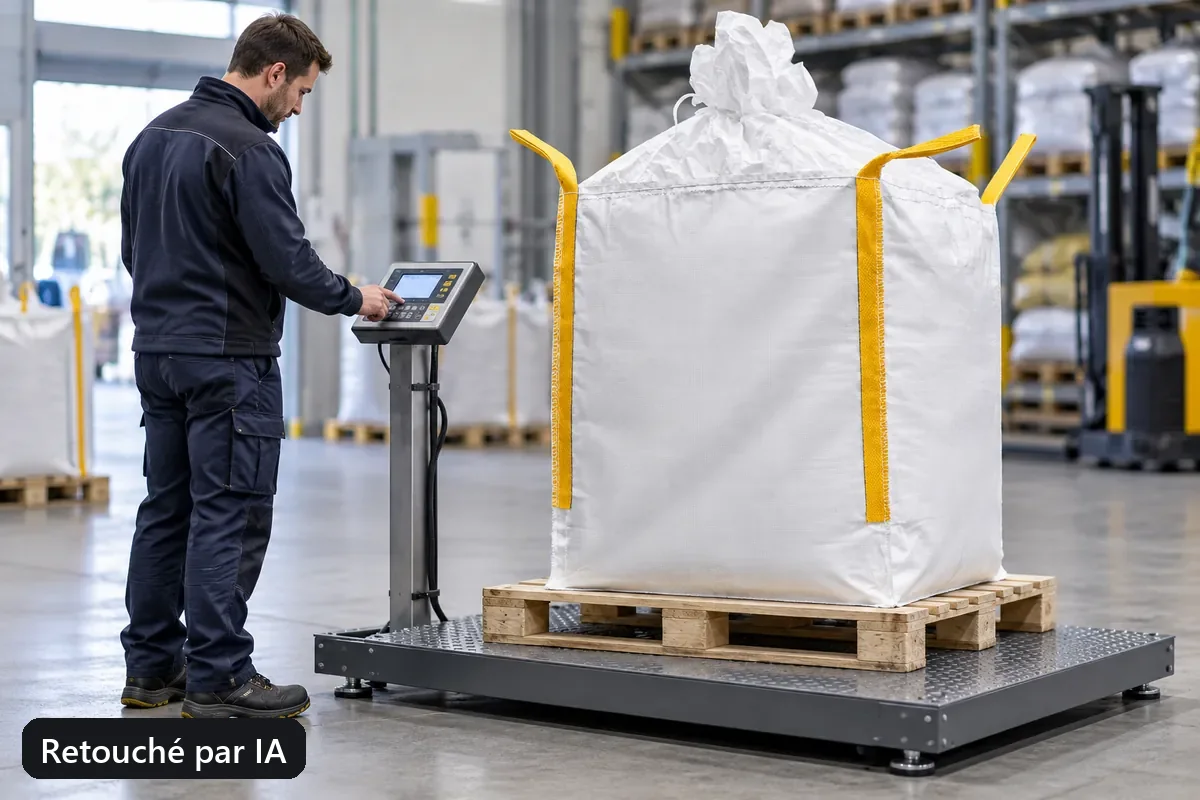 Un big bag sur une balance ; l’employé vérifie l’affichage (image retouchée par IA)
