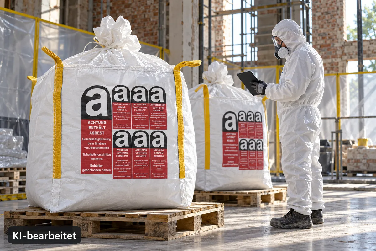 Geschlossene gekennzeichnete BigBags werden am Sanierungsort kontrolliert (KI-bearbeitetes Bild)