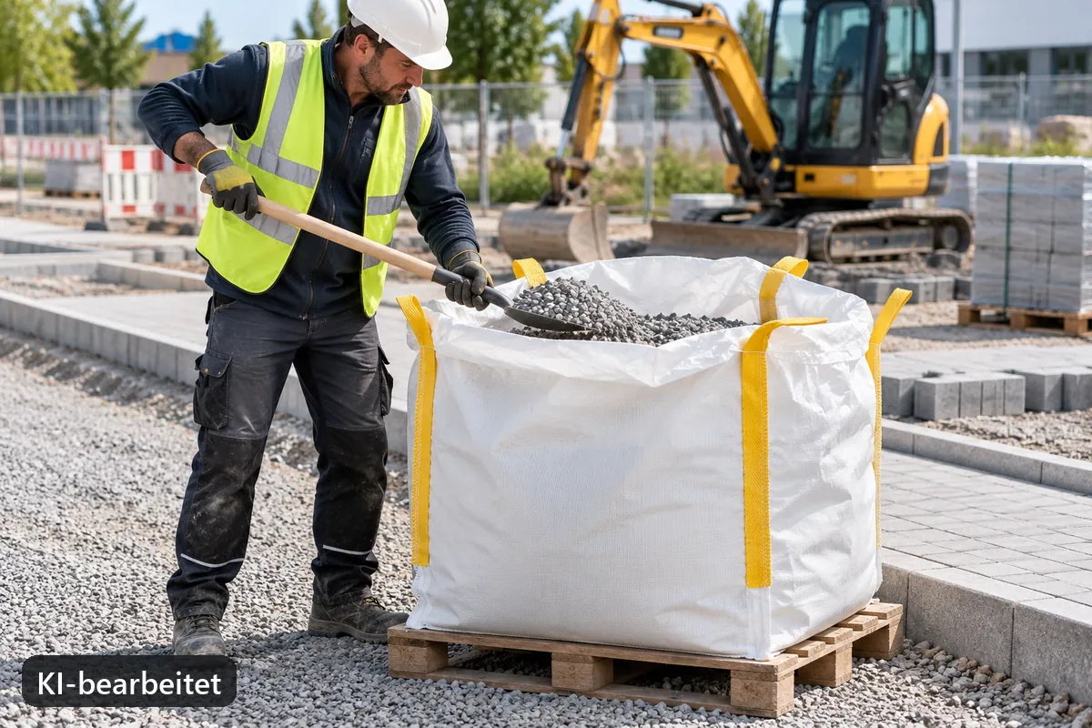 Bauarbeiter entnimmt Kies aus einem abgestellten BigBag (KI-bearbeitetes Bild)