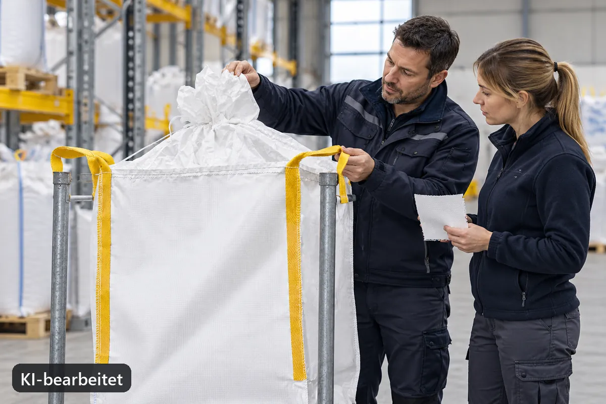 Zwei Fachleute besprechen den passenden Bag im Musterbereich (KI-bearbeitetes Bild)