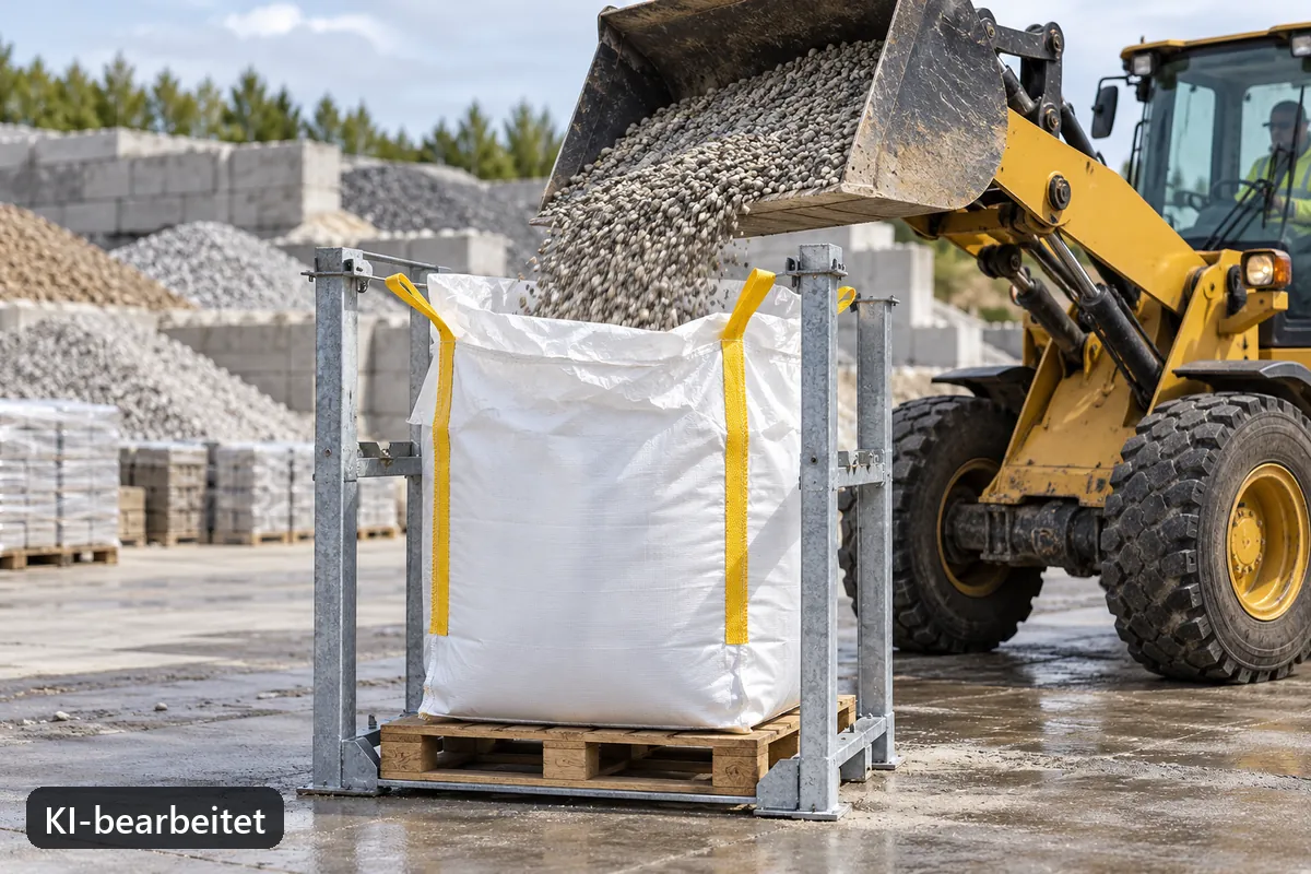 Kontrollierte Befüllung eines BigBags mit mineralischem Schüttgut (KI-bearbeitetes Bild)