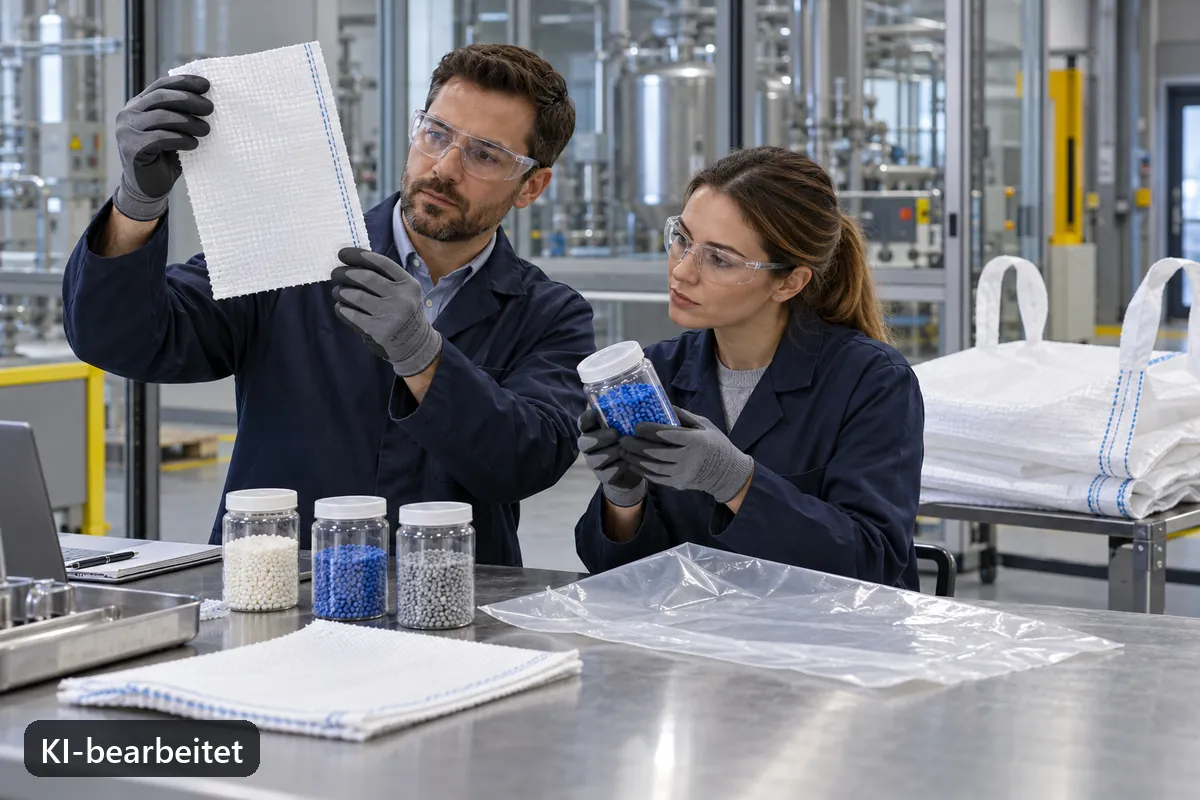 Zwei Fachkräfte prüfen Gewebe- und Linermuster für einen Industrieprozess (KI-bearbeitetes Bild)