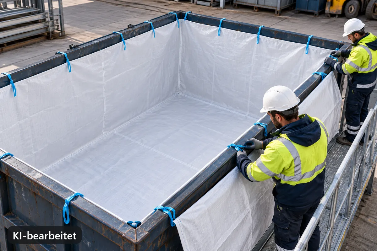 Ein leerer Abrollcontainer erhält seine textile Auskleidung (KI-bearbeitetes Bild)