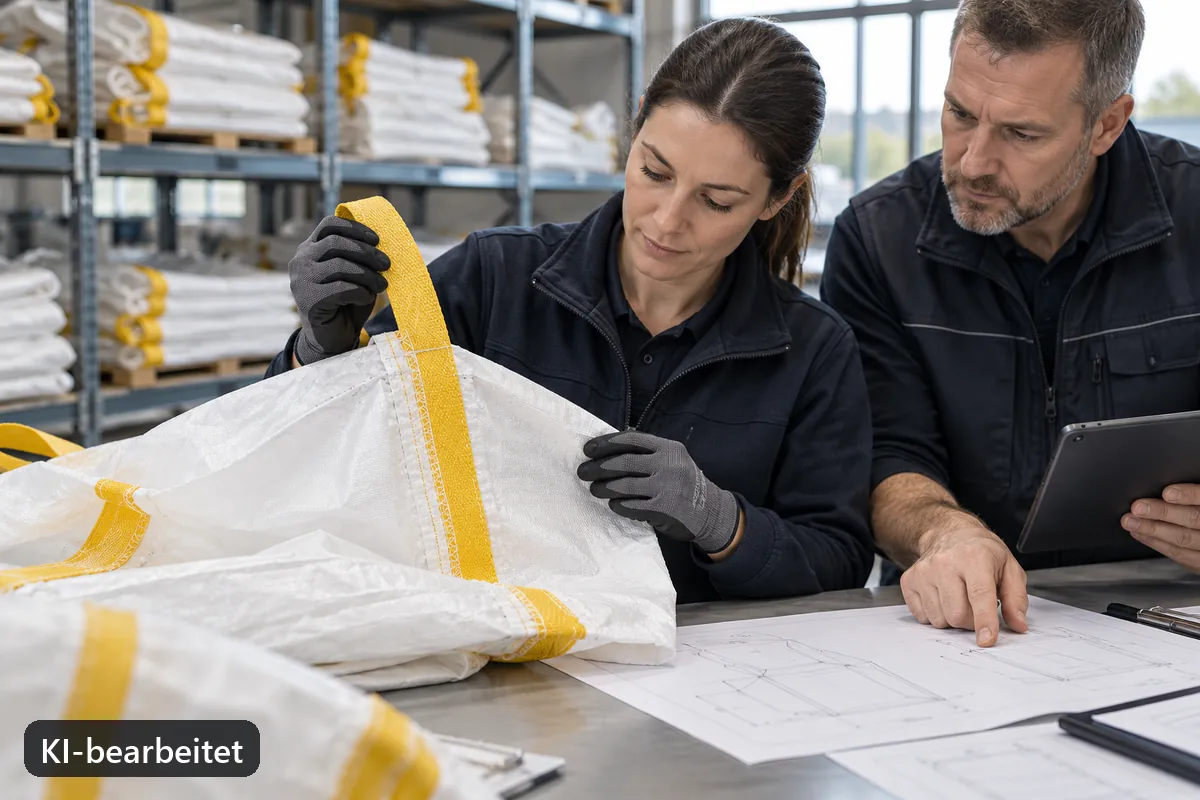 Fachkraft gleicht eine Nahtprobe mit Produktunterlagen ab (KI-bearbeitetes Bild)