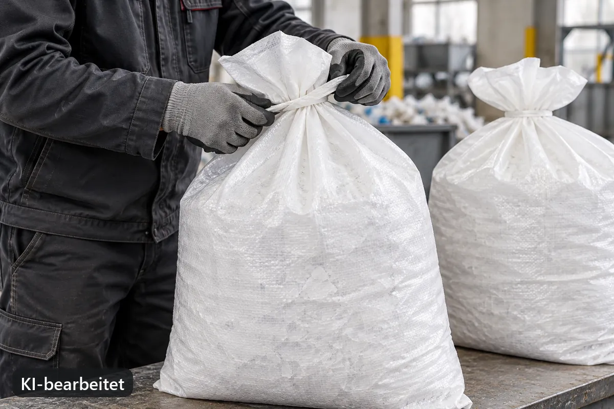 Ein gefüllter PP-Flachsack wird von Hand zugebunden (KI-bearbeitetes Bild)