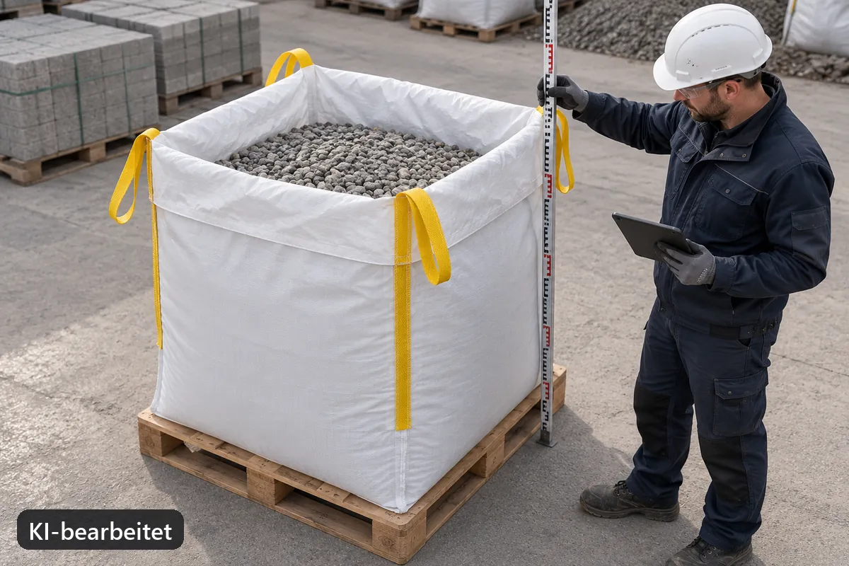 Ein Mitarbeiter misst die Füllhöhe an einem abgestellten BigBag (KI-bearbeitetes Bild)