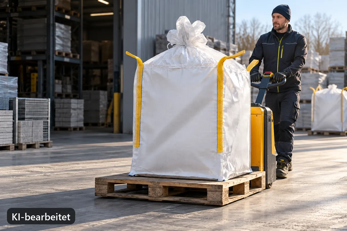 Ein gefüllter BigBag wird auf einer Palette im Baustoffhof bewegt (KI-bearbeitetes Bild)