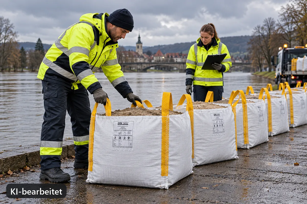 Einsatzkräfte bereiten gefüllte kompakte BigBags als Schutzbarriere vor (KI-bearbeitetes Bild)