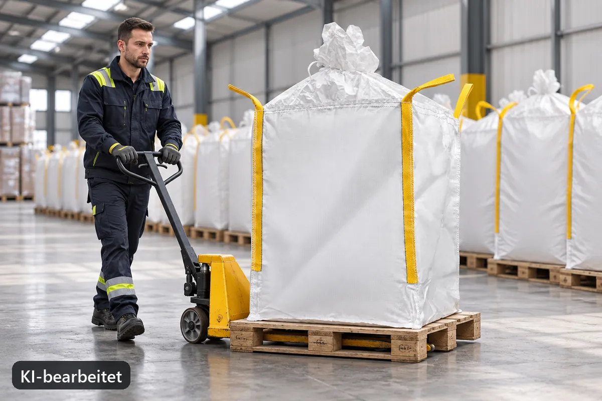 A pallet truck moving a big bag through a dry warehouse (AI-edited image)