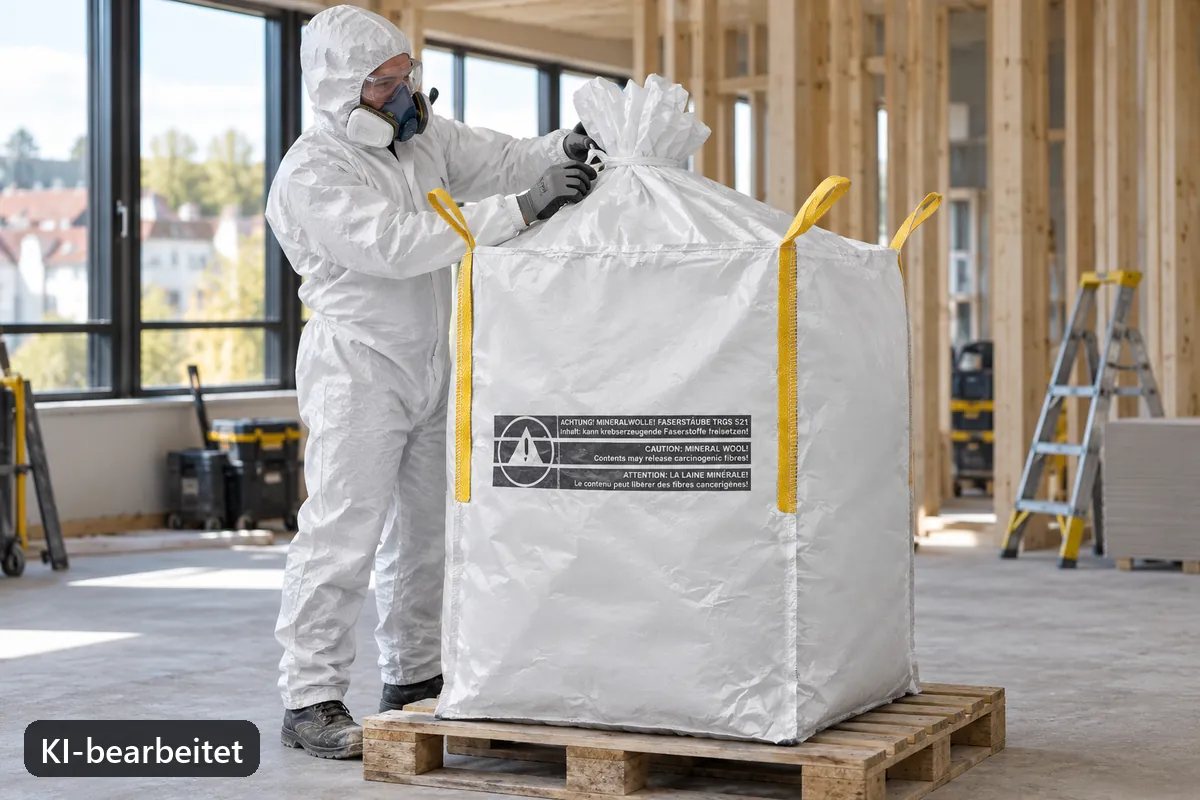 Ein geschlossener Mineralwolle-BigBag wird in einer Rückbauzone kontrolliert (KI-bearbeitetes Bild)