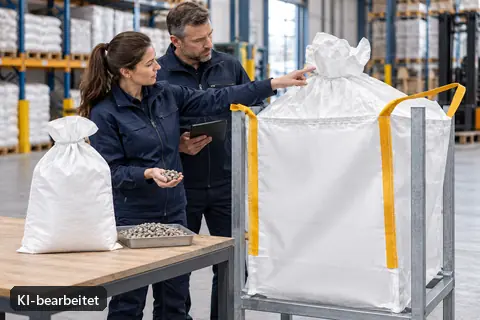 Fachberatung vergleicht Bag, Sack und Materialmuster (KI-bearbeitetes Bild)