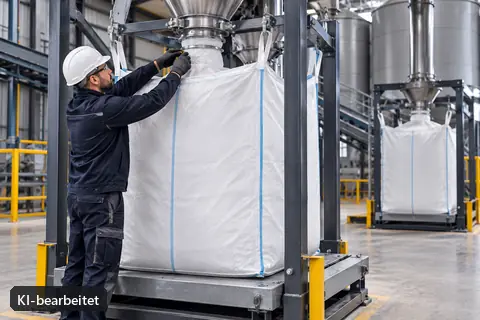 Spezial-BigBags werden in einer Baustoffhalle für die Abfüllung vorbereitet (KI-bearbeitetes Bild)
