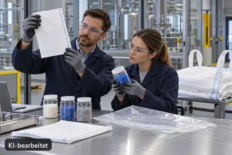 Zwei Fachkräfte prüfen Gewebe- und Linermuster für einen Industrieprozess (KI-bearbeitetes Bild)
