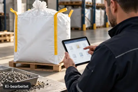 Employee using a tablet to select a product next to a bag (AI-edited image)