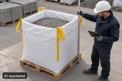 Employee measuring the fill height on a big bag standing on the ground (AI-edited image)