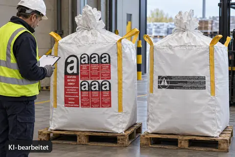 Gekennzeichnete Asbest- und Mineralwolle-Bags werden von außen geprüft (KI-bearbeitetes Bild)