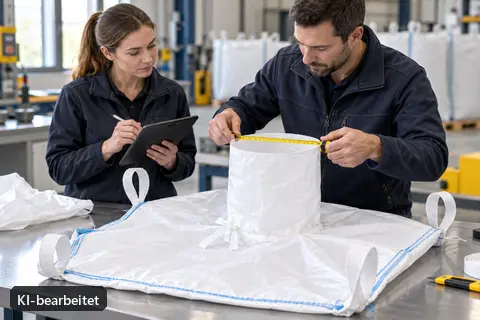 Technician measuring an inlet spout on an empty sample bag (AI-edited image)