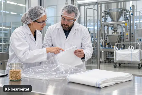 Fachkräfte planen eine kundenspezifische Verpackung für eine hygienische Abfüllanlage (KI-bearbeitetes Bild)