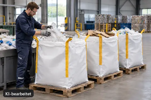 Saubere Wertstoffe werden in getrennten BigBags gesammelt (KI-bearbeitetes Bild)