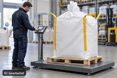 Ein BigBag steht auf einer Waage; der Mitarbeiter prüft die Anzeige (KI-bearbeitetes Bild)