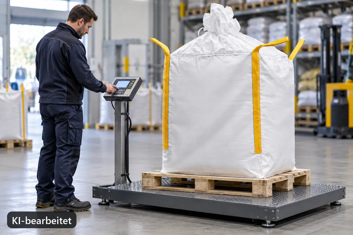 A big bag standing on a scale while an employee checks the display (AI-edited image)